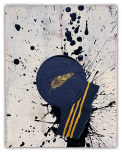 Abstract mixed media artwork featuring a beige background with prominent black paint splatters radiating outward. At the center is a circular black element with a gold feather design, overlaid on a torn black piece adorned with three vertical gold stripes. The composition balances minimal color use with dynamic visual texture and contrast.