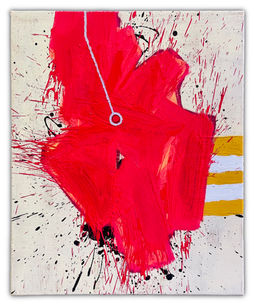 Abstract painting featuring bold, textured red brushstrokes forming a dynamic, central mass on a white canvas. The red shape is surrounded by energetic splatters of red and black paint, radiating outward. A thick white line descends from the top, ending in a circular loop that hangs over the red area. On the right side, two horizontal mustard-yellow bars with a white stripe between them add a contrasting geometric element to the composition.