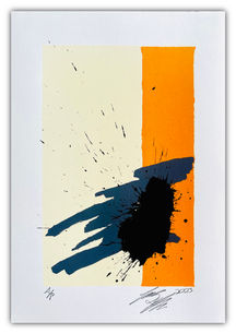 Abstract artwork featuring a vertical composition with a cream-colored background and a bold orange stripe on the right. A dynamic black splatter dominates the lower right portion, partially overlapping the orange stripe. Blue brushstrokes extend to the left from the splatter, creating a sense of movement. Black specks and drips are scattered throughout the piece. The work is signed and dated 2023 in the bottom right corner.