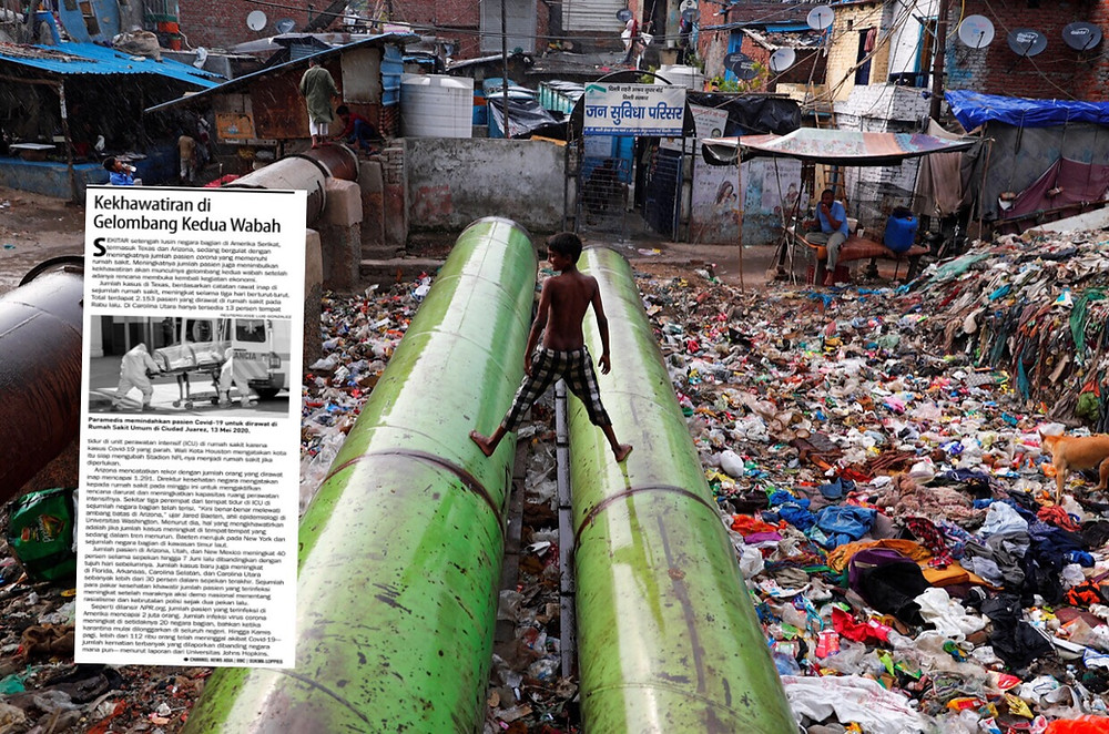 Kawasan yang diperkirakan memiliki angka kemiskinan ekstrem tertinggi adalah Asia Selatan. Warga bermain di atas pipa penuh sampah di New Delhi, India 5 Juni 2020. REUTERS / Adnan Abidi
