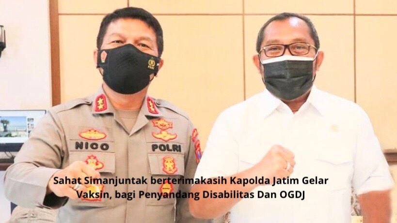 Wakil Ketua DPRD Jatim Sahat Tua Simanjuntak disela-sela agenda kunjungan koordinasi dengan Kapolda Jatim Irjen Pol. Nico Afinta mengaku gembira karena para penyandang disabilitas ini juga mendapatkan kesempatan yang sama dalam mendapatkan vaksinasi lewat program yang dibuat Polda Jatim ini. (Foto: Ayul)