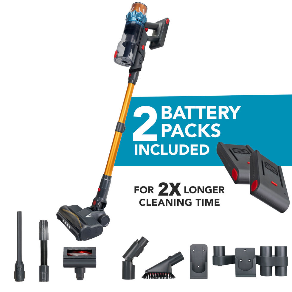 E-commerce infographic for cordless vacuum showing complete accessory set and two bonus batteries, ideal for Amazon, Shopify, and other online product listings.