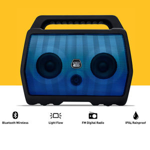 Professional product photography of a Bluetooth speaker combined with custom infographics to highlight key features, delivering studio-quality images ideal for e-commerce and marketing.