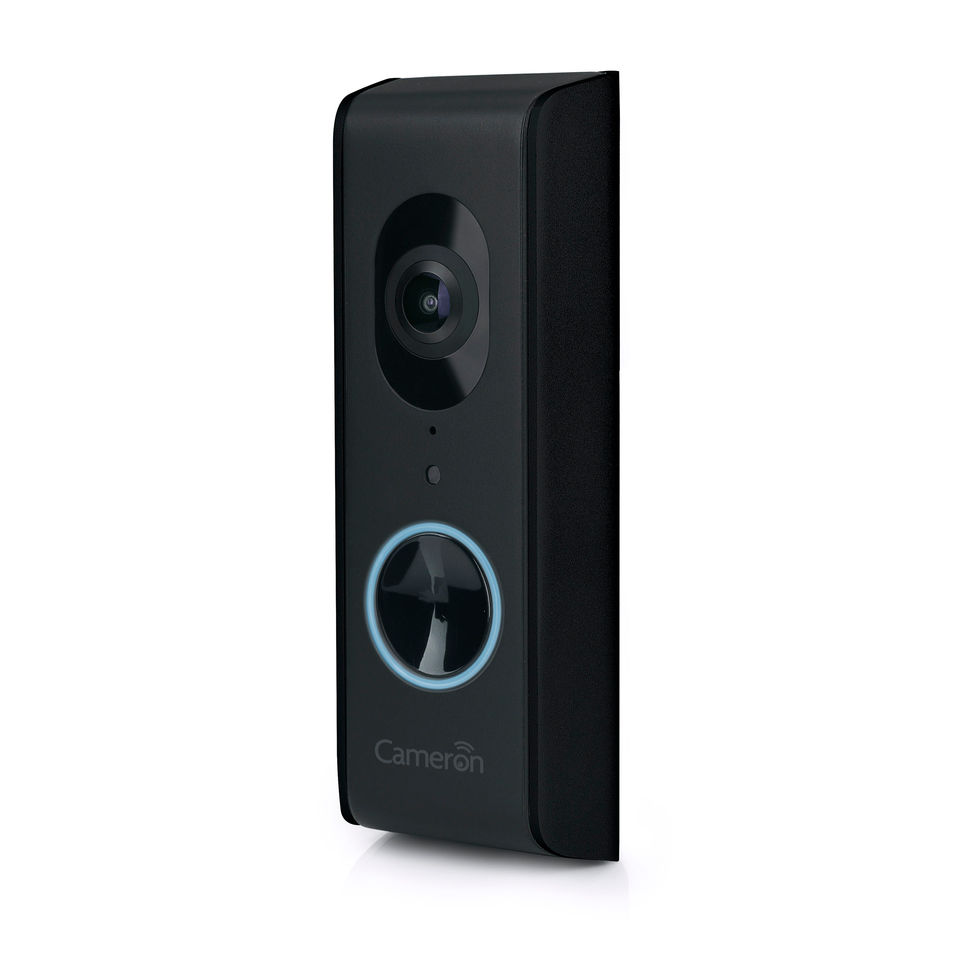 Product photo of digital doorbell with matte and gloss finishes and LED light ring, captured from a quarter view to emphasize design details.
