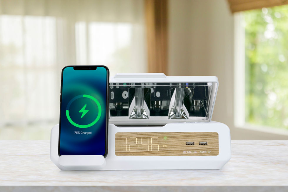 Unique clock radio with UV cleaning chamber photographed in a home setting, using high depth of field to focus on product details.