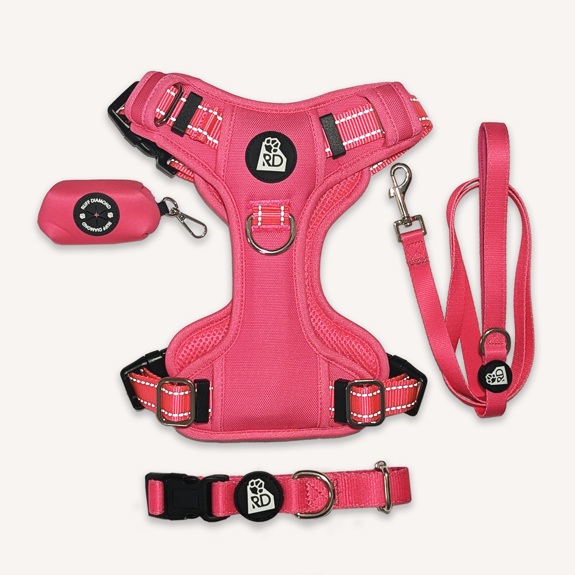 pink dog harness, collar, lead and poop bag holder