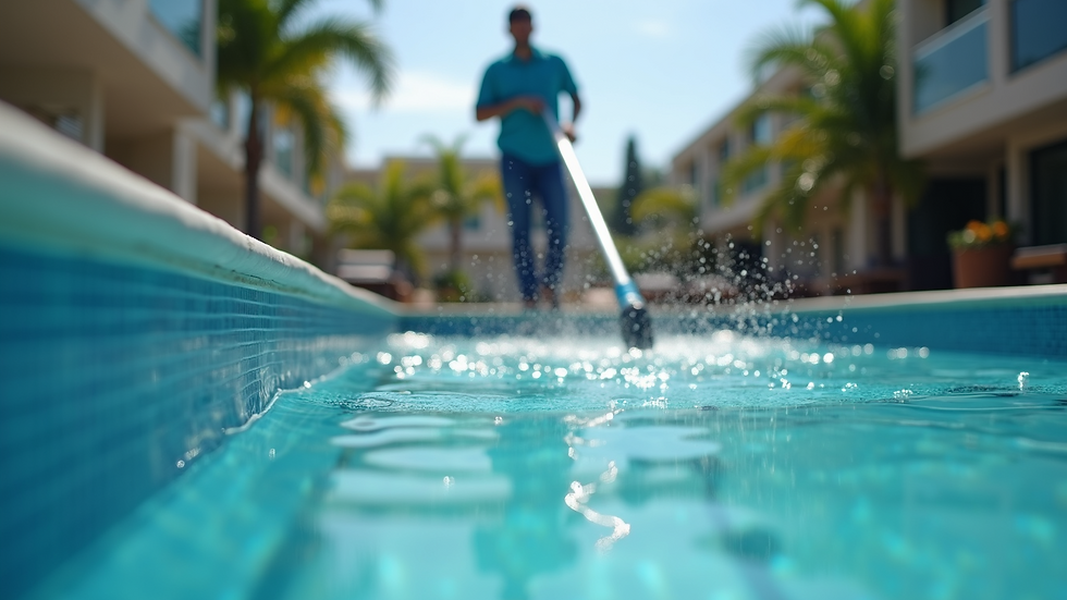 Eye-level view of a pool cleaning technician at work