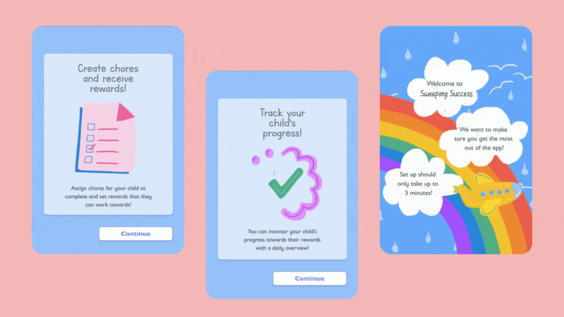 This gif has a pink background and contains three tablet screens, each with a light blue background. The first screen has text and a pink notepad graphic. The second screen has text and a green tick with purple accents. The third screen shows a rainbow with clouds and a moving plane graphic.