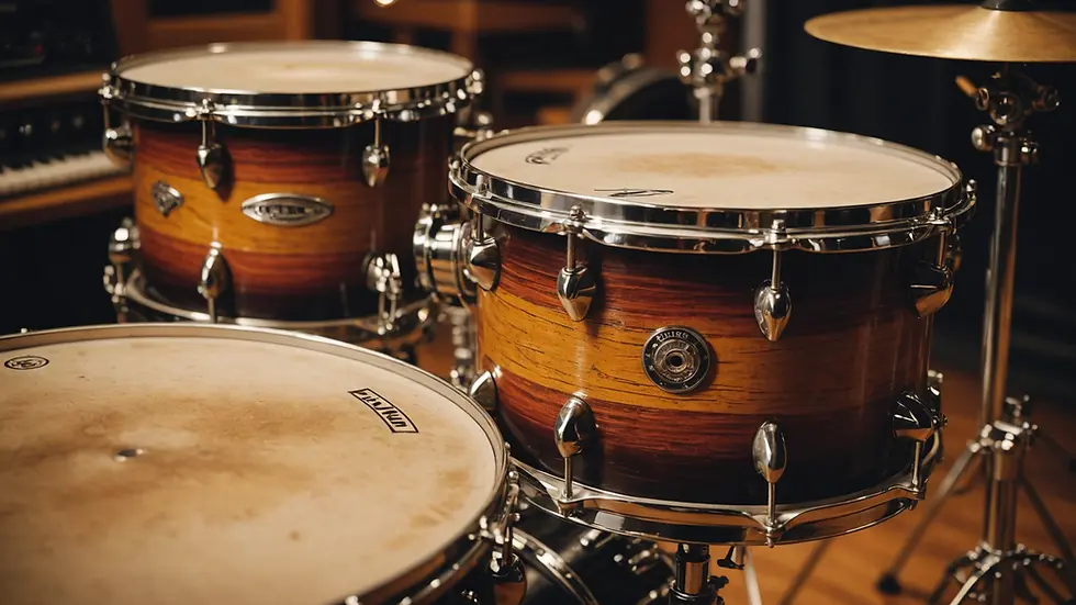 Close-up view of a vintage drum set with unique patterns