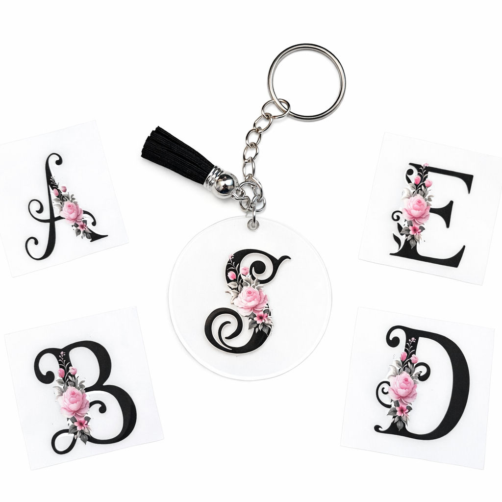 Black Floral Initial Acrylic Disc Keyring 