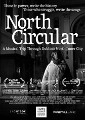 North Circular poster in black and white, containing festival laurels and a woman stood in a church.