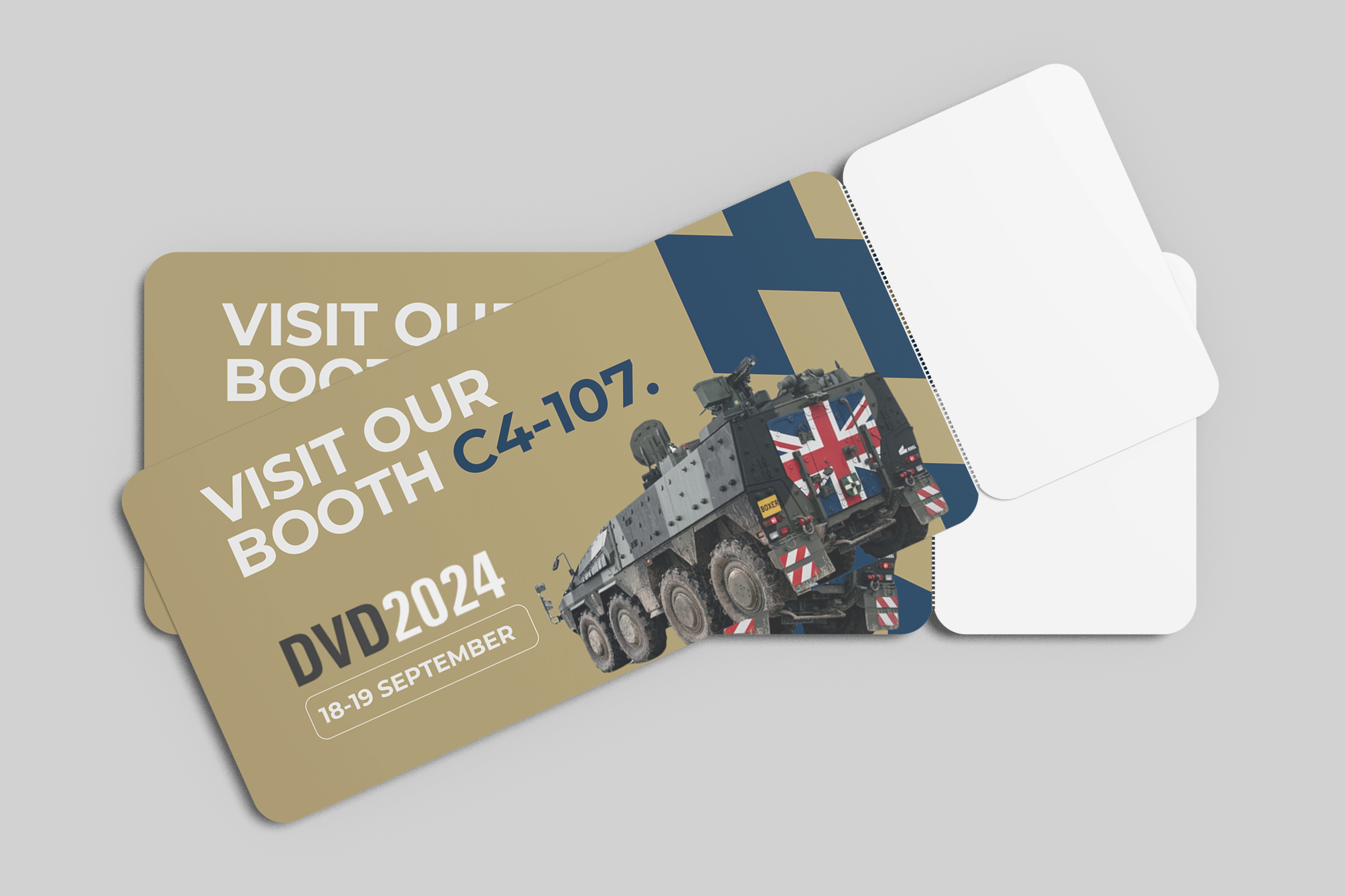 Ticket-style event invite design for DVID 2024 featuring a C4-107 vehicle and bold defence event typography.