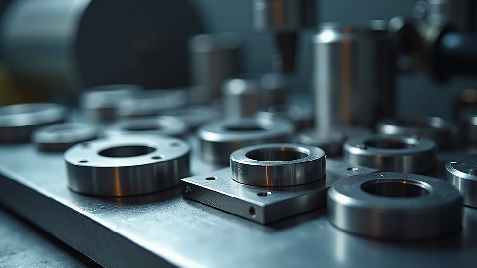 High angle view of precision CNC machined parts arranged on a workbench