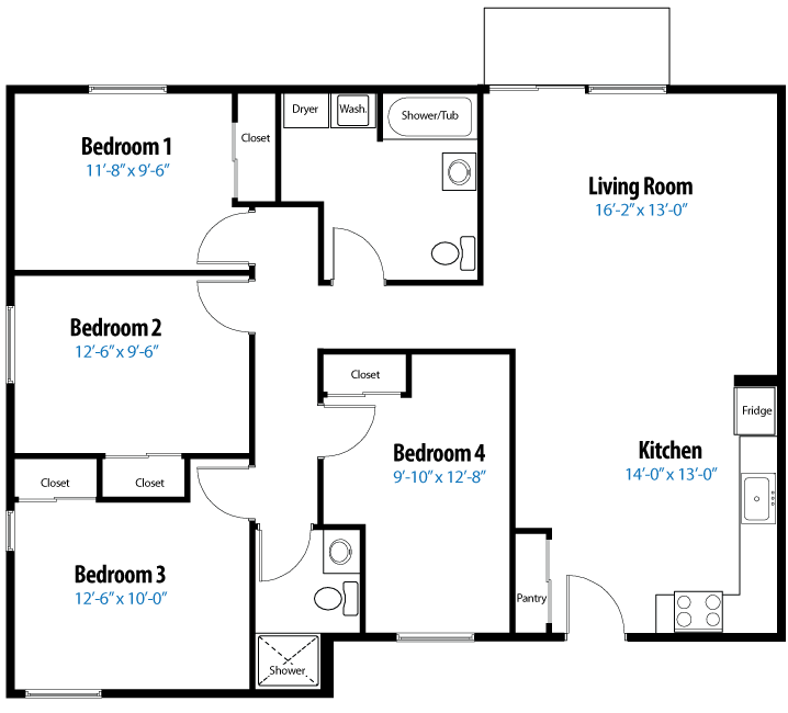 4 Bedroom, 2 Bath (2nd floor, Balcony)