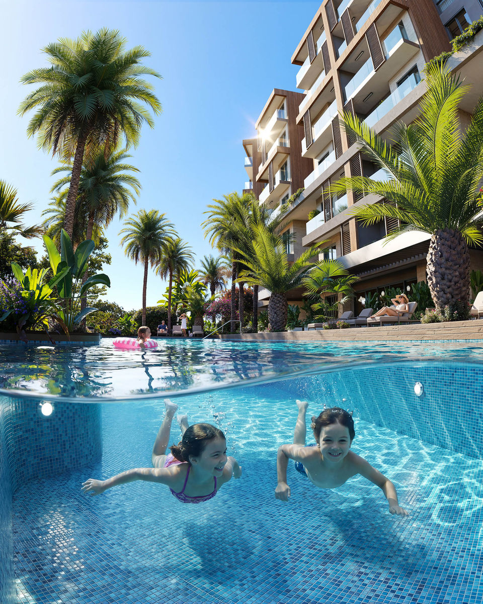 Tropikal peyzaj, yüzme havuzu ve modern mimariyle tasarlanmış lüks konut projesinde resort yaşam konseptinin yaratıcı mimari render çalışması.