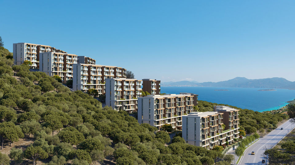 Deniz manzaralı toplu konut mimarisine ait kuşbakışı 3D mimari render çalışması.