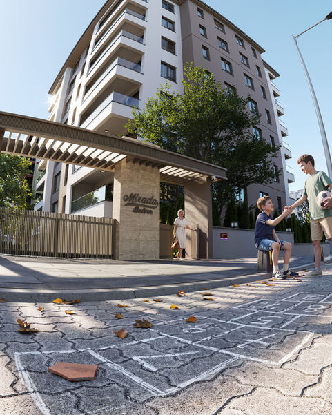 Modern apartman girişini düşük açıdan gösteren mimari görselleştirme. Giriş kapısı, peyzaj düzenlemesi ve kaldırım önünde seksek oynayan çocuklar ile yaşam hissi oluşturan fotogerçekçi dış cephe render çalışması.