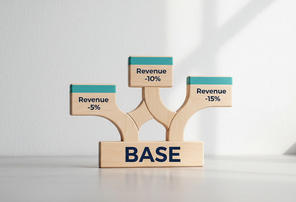 Use the site style and show labeled BASE with three arms showing Revenue -5%, -10%, and -15% on a white background.