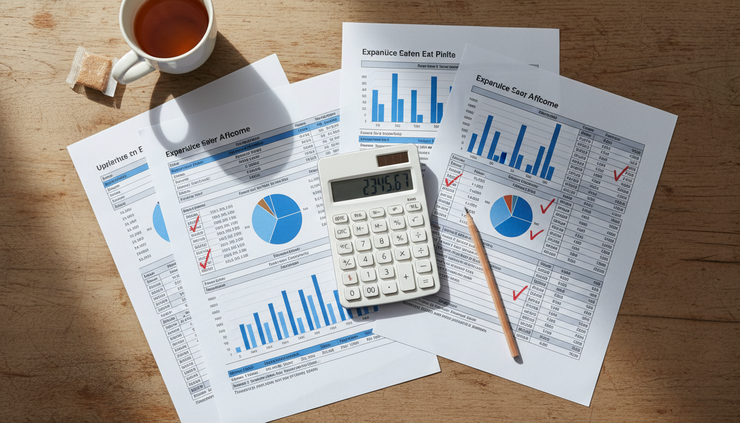 Overhead view of printed finance reports and a calculator on a wooden kitchen table.