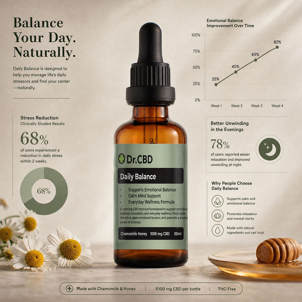 Thumbnail: Dr. CBD Daily Balance chamomile honey CBD tincture surrounded by chamomile flowers and honey with wellness charts highlightin