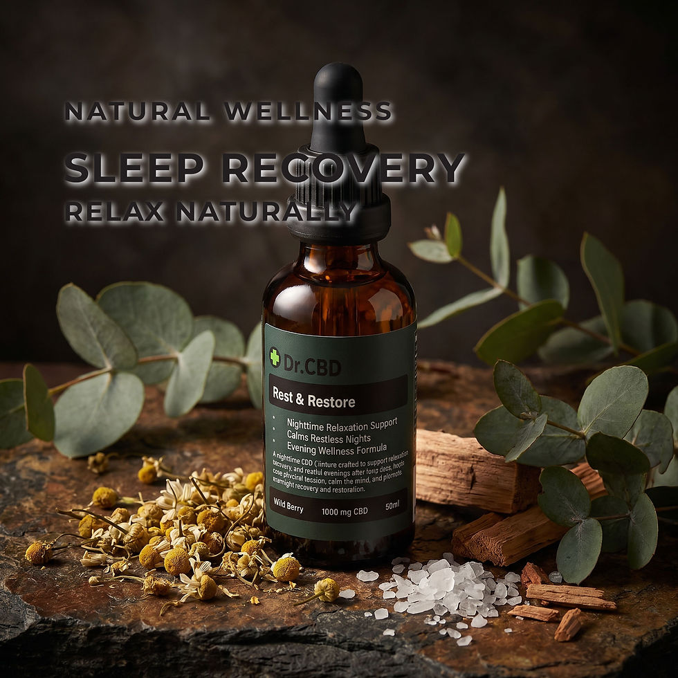Natural botanical product scene featuring Dr. CBD Rest & Restore wild berry tincture with chamomile, eucalyptus, cinnamon, an
