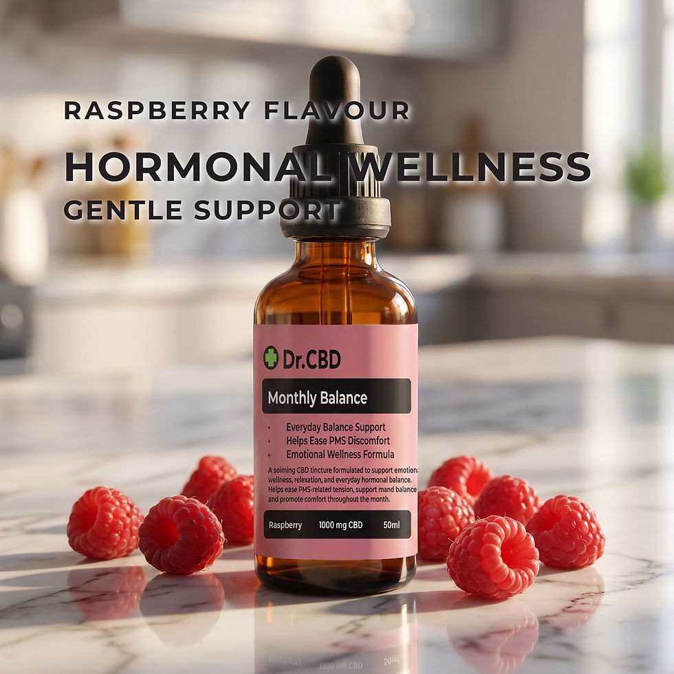 Thumbnail: Dr. CBD Monthly Balance raspberry CBD tincture displayed with fresh raspberries on a marble countertop, highlighting hormonal