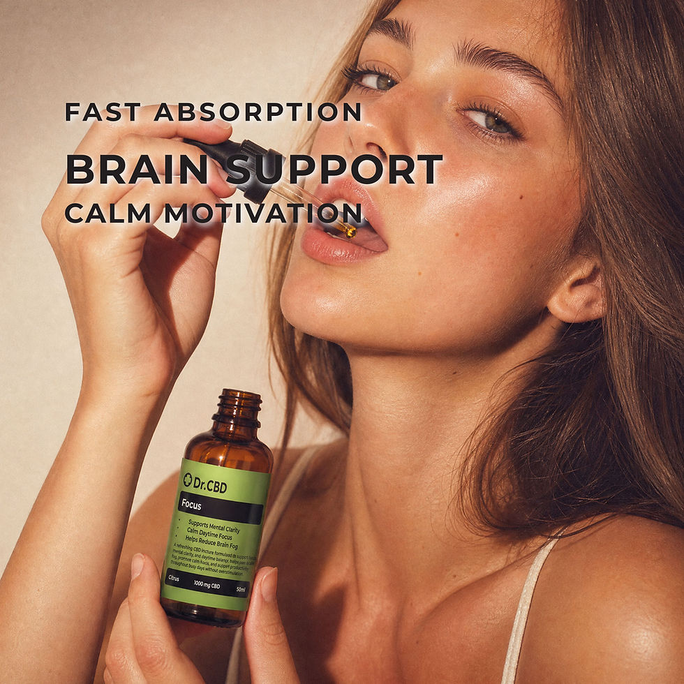 Thumbnail: Close-up of woman using Dr. CBD Focus CBD oil dropper with overlay text reading “Fast Absorption,” “Brain Support,” and “Calm