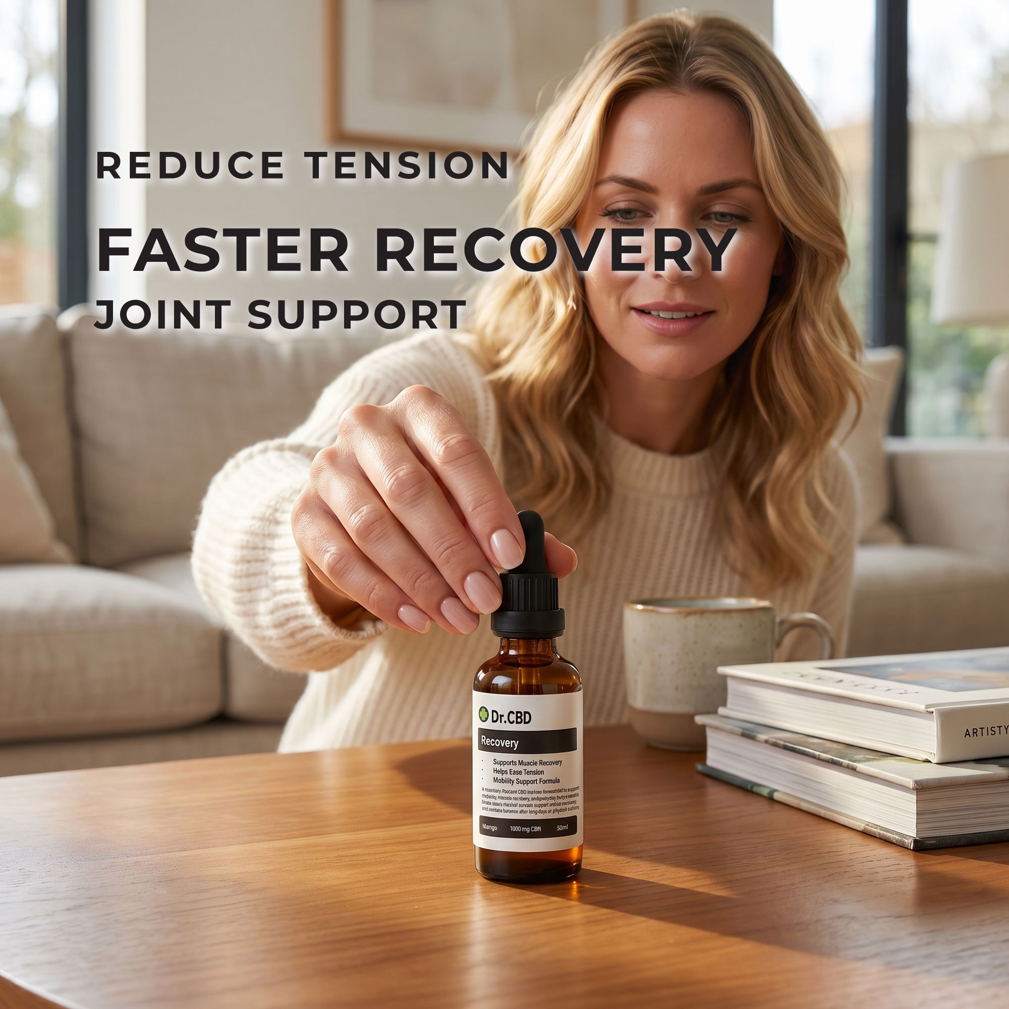 Woman placing Dr. CBD Recovery CBD oil on a wooden table beside coffee and books with overlay text reading “Reduce Tension,”