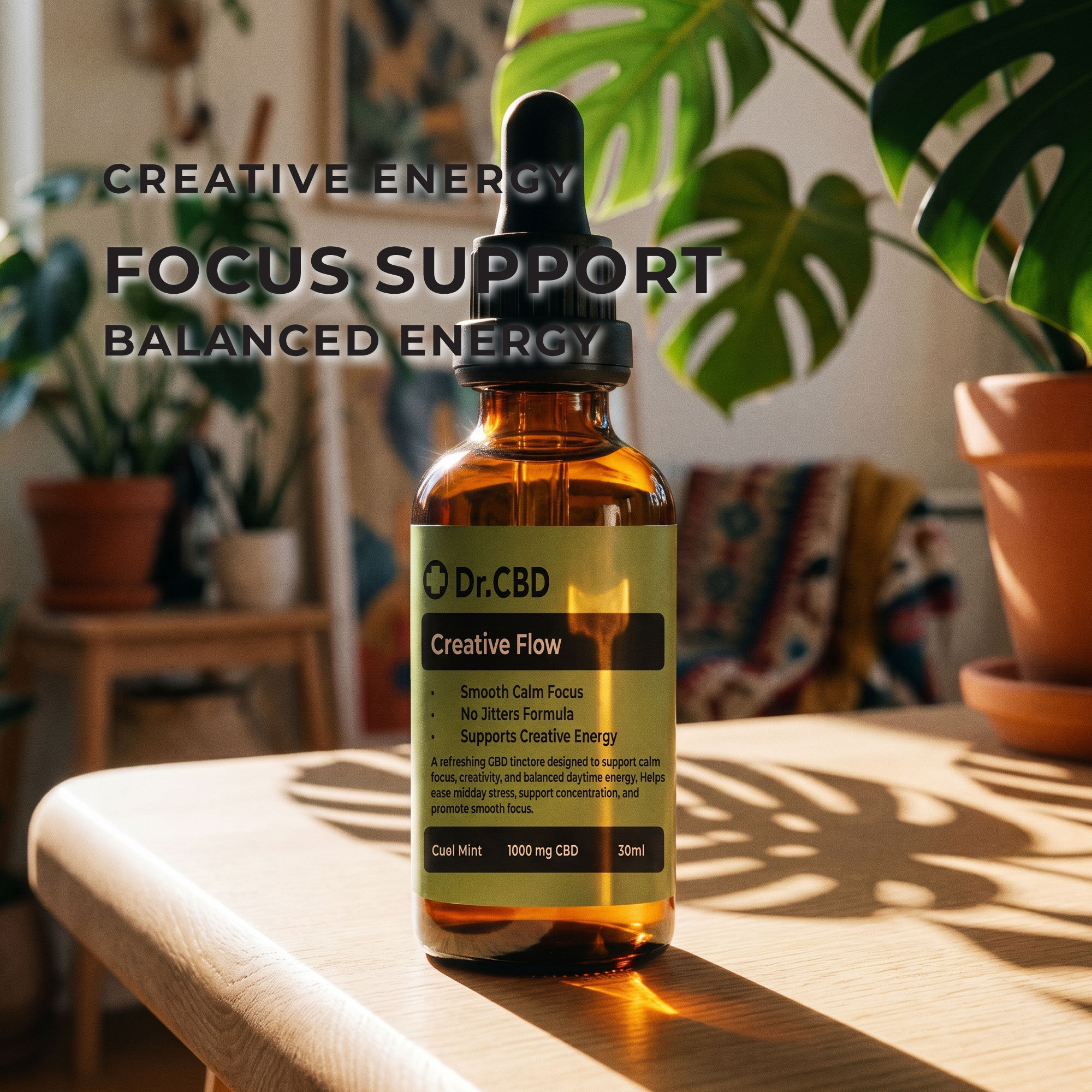 Dr. CBD Creative Flow CBD tincture on a sunlit table surrounded by indoor plants with overlay text reading “Creative Energy,”