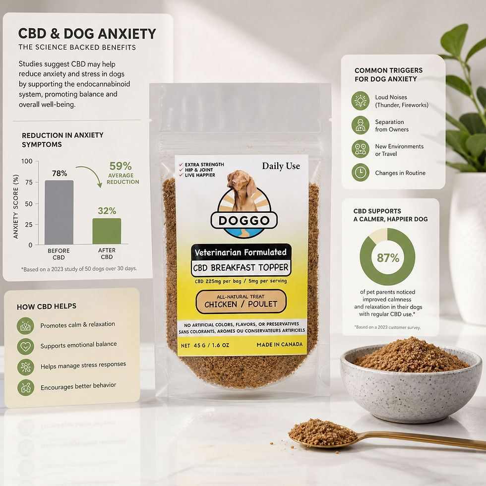 Educational infographic explaining how CBD may support anxiety relief, emotional balance, and calmer behaviour in dogs using