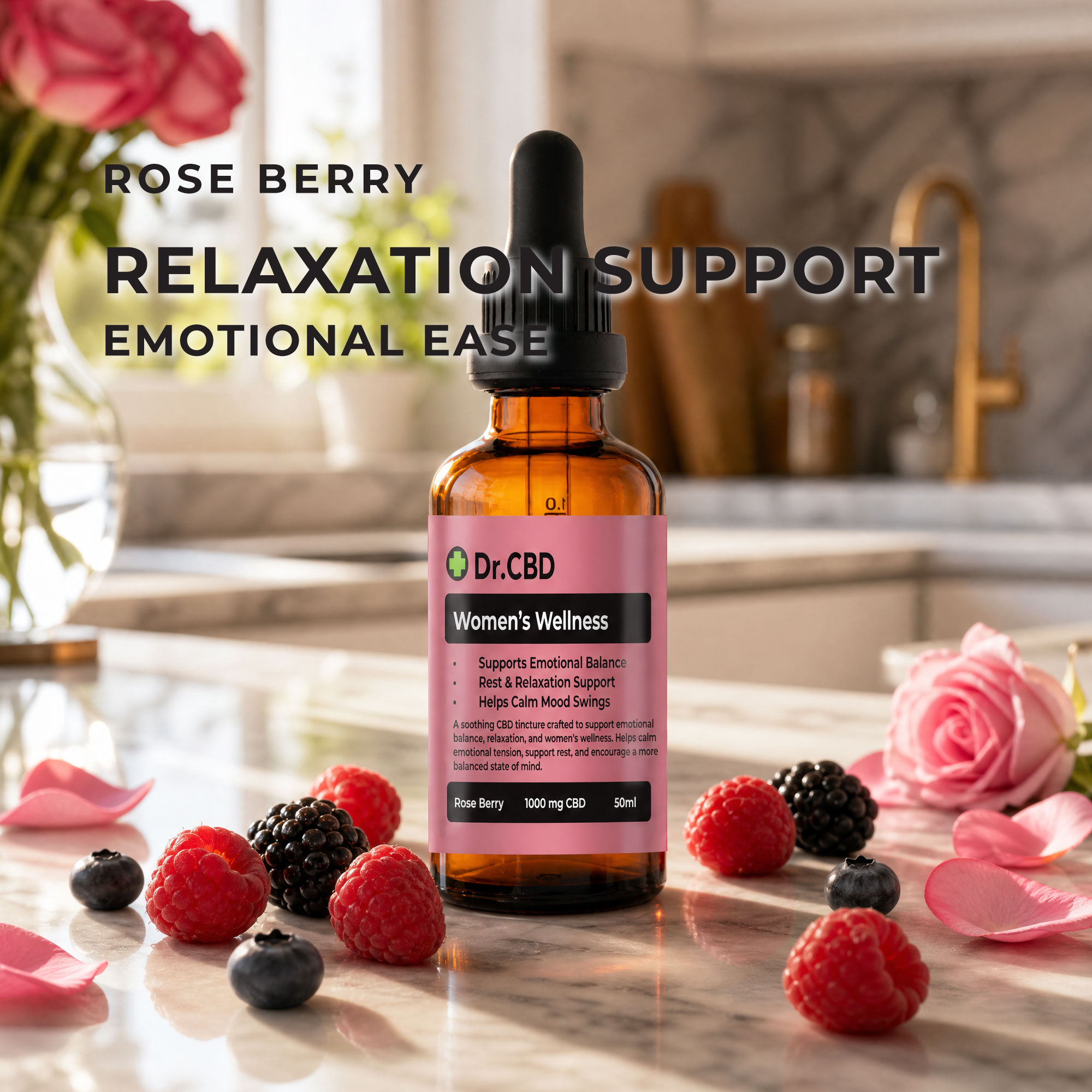 Dr. CBD Women’s Wellness Rose Berry CBD tincture on a marble kitchen counter surrounded by raspberries, blackberries, blueber