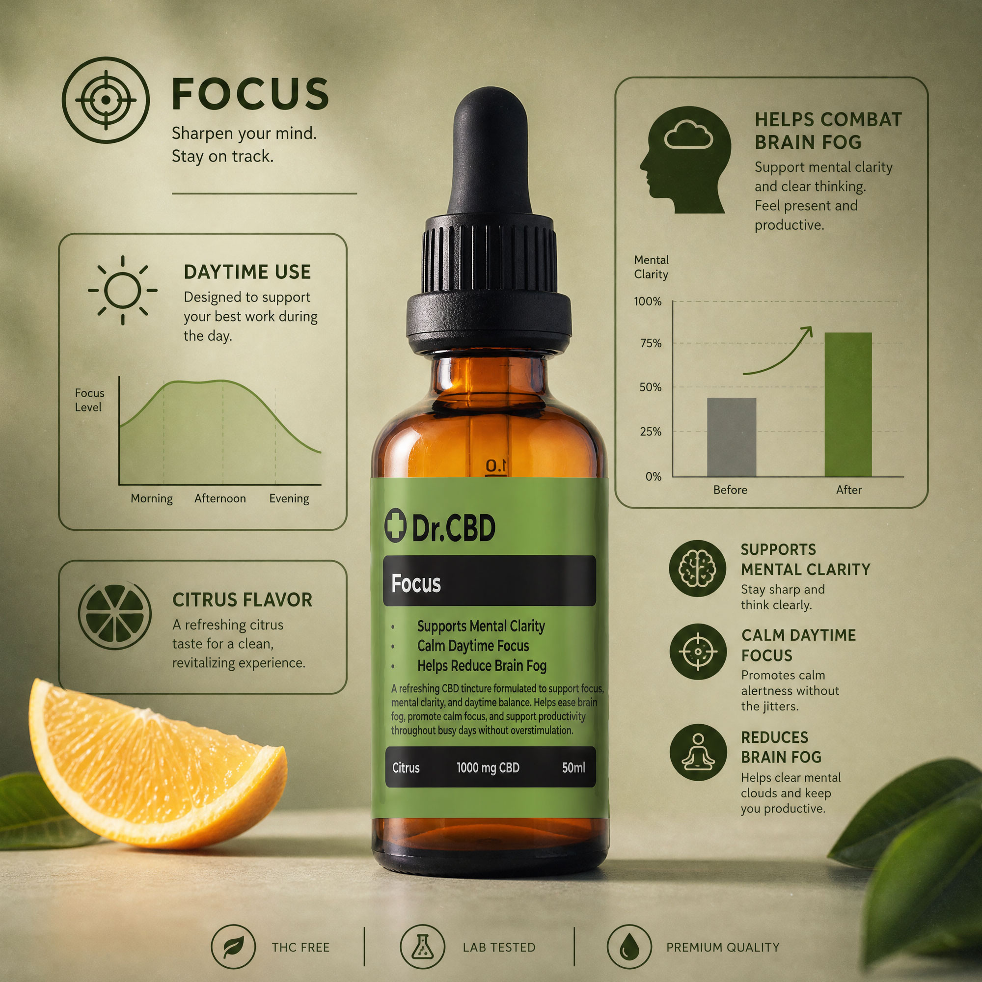 Educational infographic for Dr. CBD Focus citrus CBD tincture highlighting mental clarity support, calm daytime focus, brain