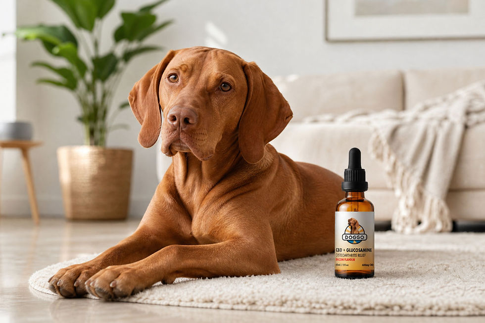 Brown dog lies on a rug in a bright living room beside a DOGGO CBD + glucosamine relief bottle, calm and relaxed.