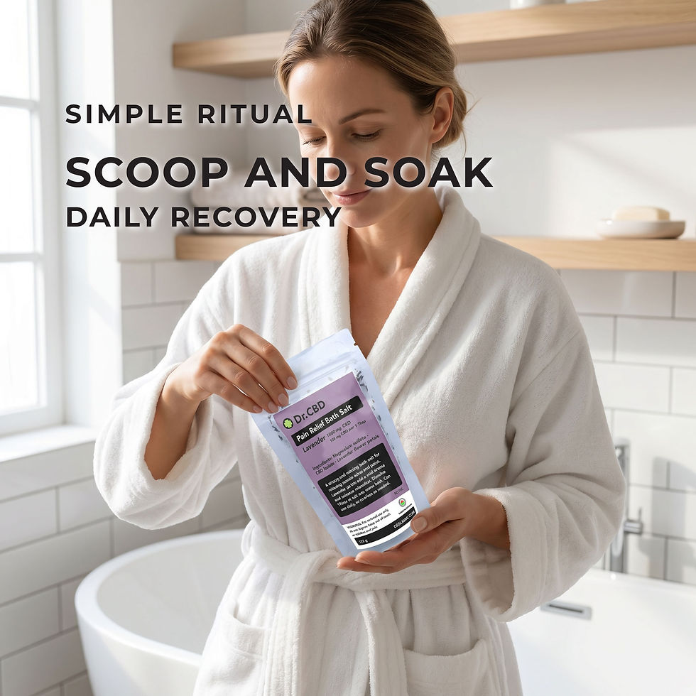 Woman adding Dr. CBD lavender bath salts to a bath as part of a relaxing daily self-care routine.