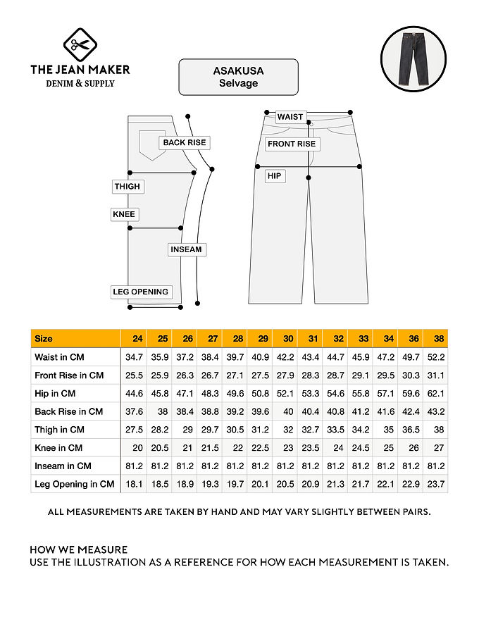 The Jean Maker Asakusa high-rise straight fit selvedge denim size guide with complete measurement chart and fit dimensions.