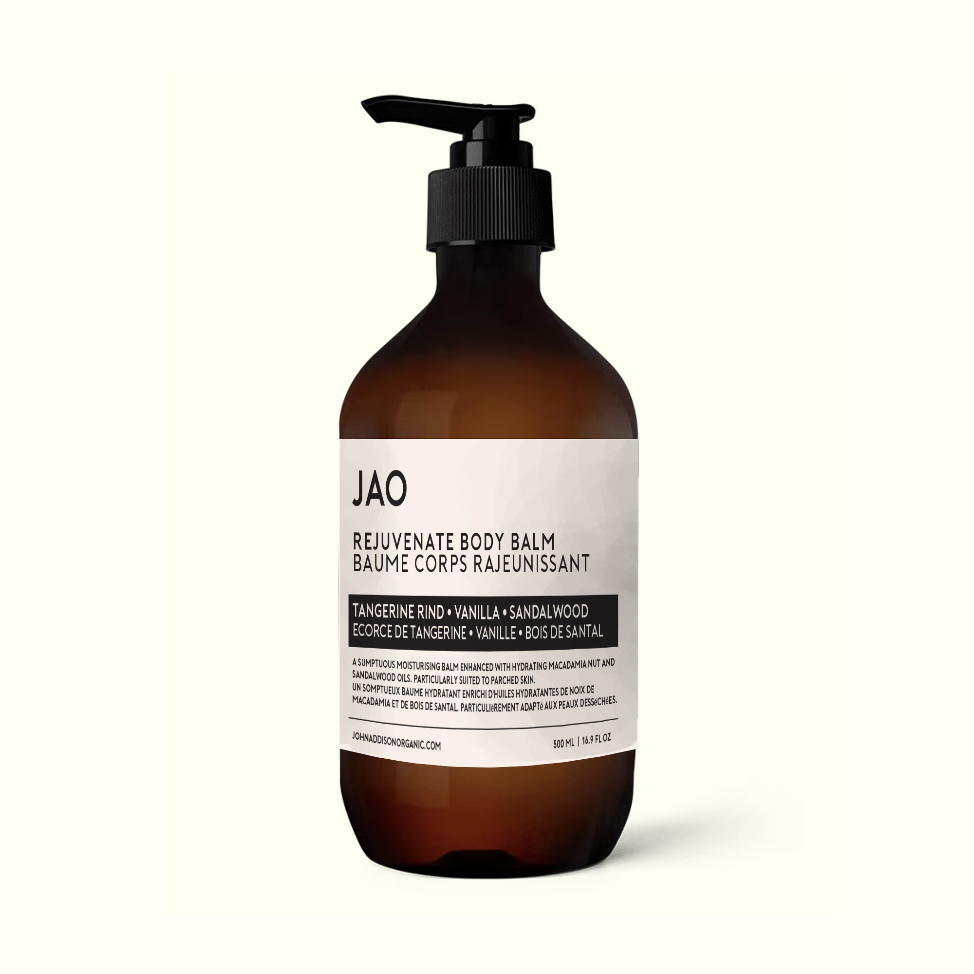 JAO Rejuvenate Body Balm, a moisturizing balm enriched with Macadamia Nut and Sandalwood oils, ideal for dry skin. 500 ml