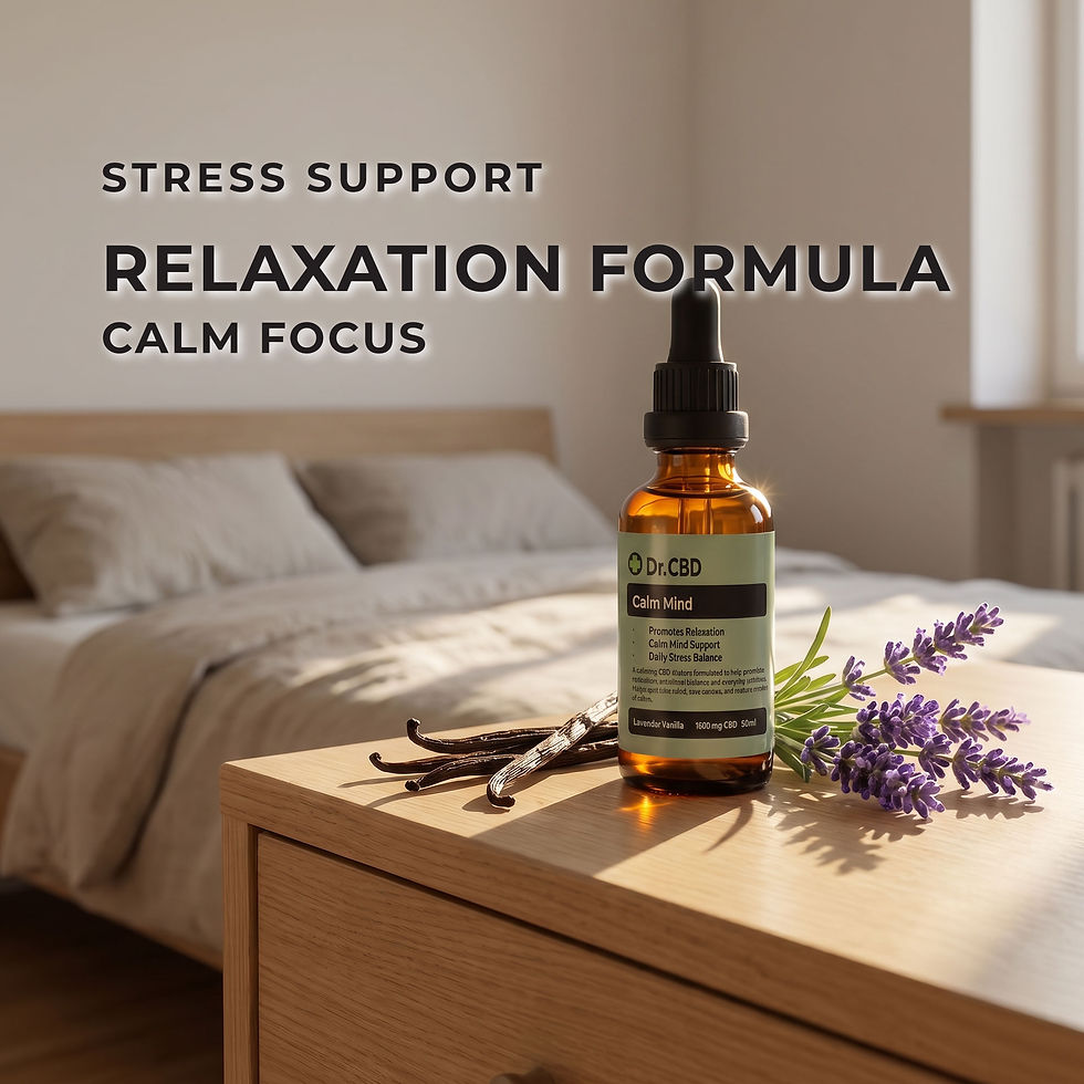 Thumbnail: Dr. CBD Calm Mind relaxation formula tincture in lavender vanilla flavour displayed on a wooden bedside table beside lavender