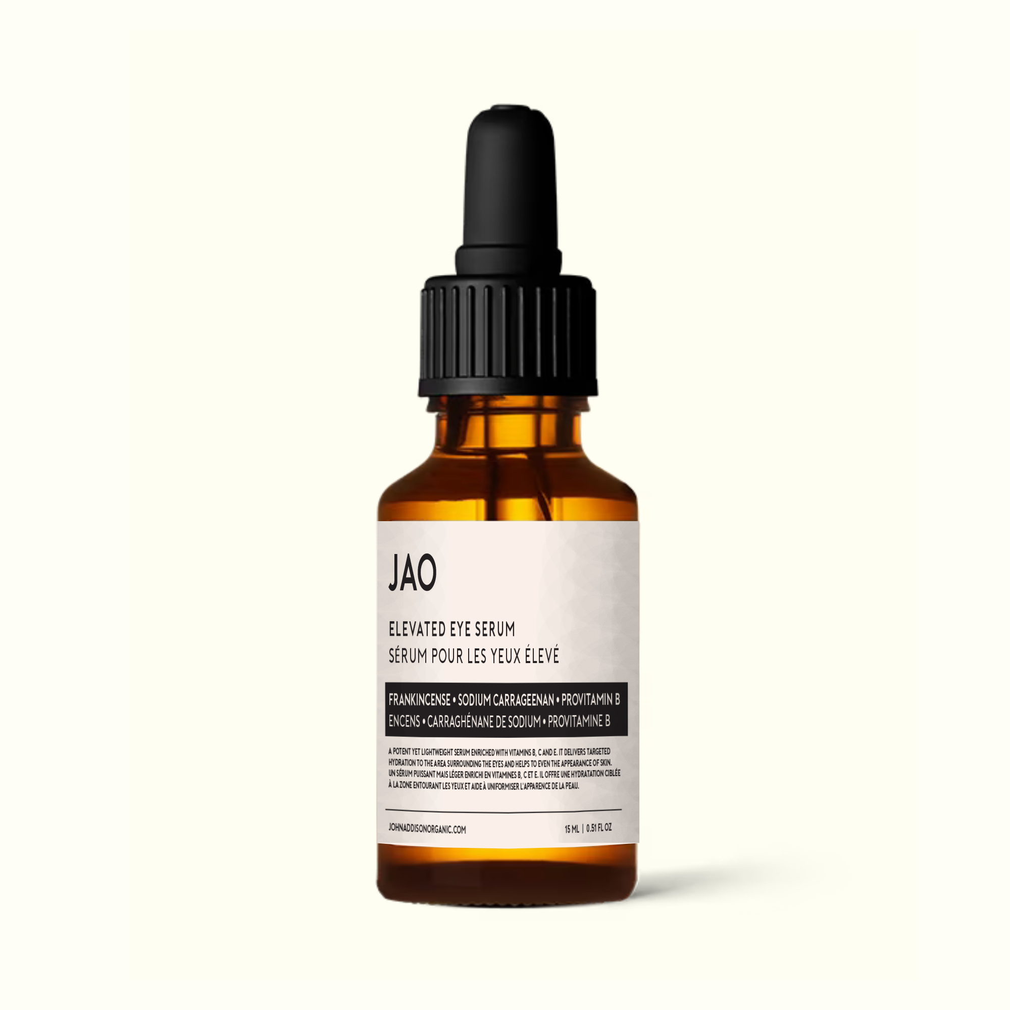 JAO Elevated Eye Serum, a lightweight serum enriched with Vitamins B, C, and E for targeted hydration around the eyes.