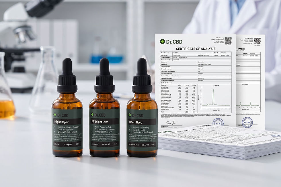 Three Dr.CBD dropper bottles beside certificate of analysis papers in a lab, with a microscope blurred in the background