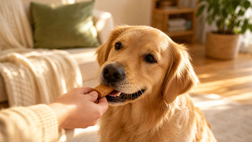 Happy dog beside DOGGO Anxiety Relief CBD dog biscuits, supporting calm behaviour and pet anxiety relief