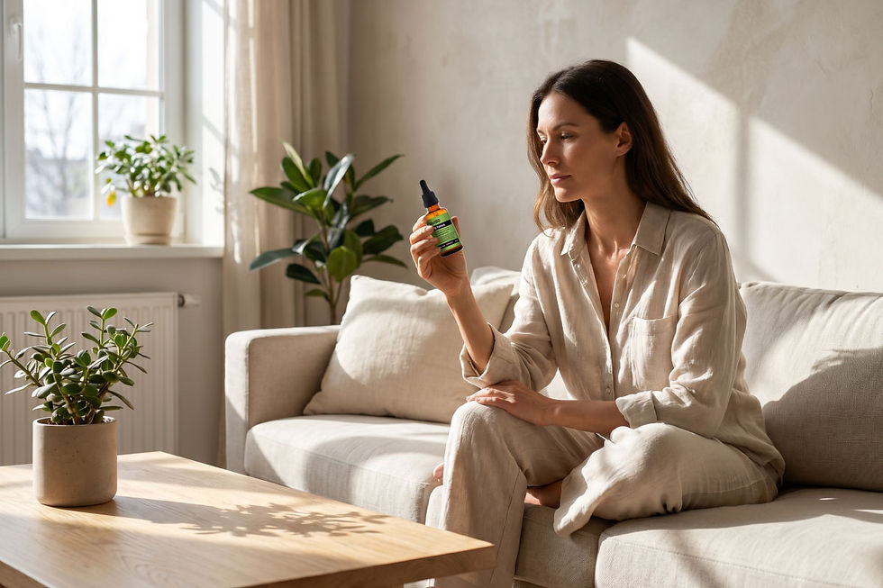 Woman on beige sofa examining a small dropper bottle in a sunlit living room with potted plants.