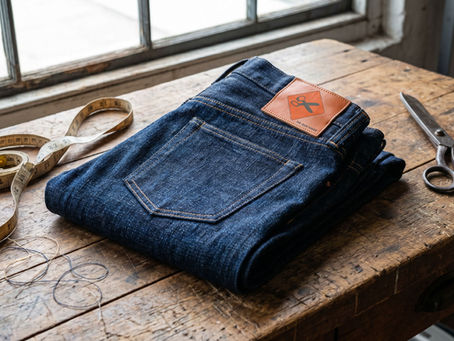Premium Japanese selvedge denim jeans with measuring tape and craftsmanship tools in a denim workshop.