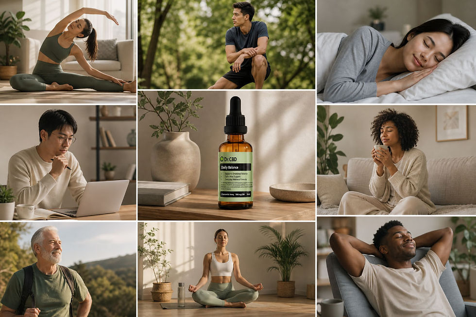 Wellness collage of people yoga, meditating, resting, working, hiking, and relaxing around a Dr.CBD Daily Balance bottle.