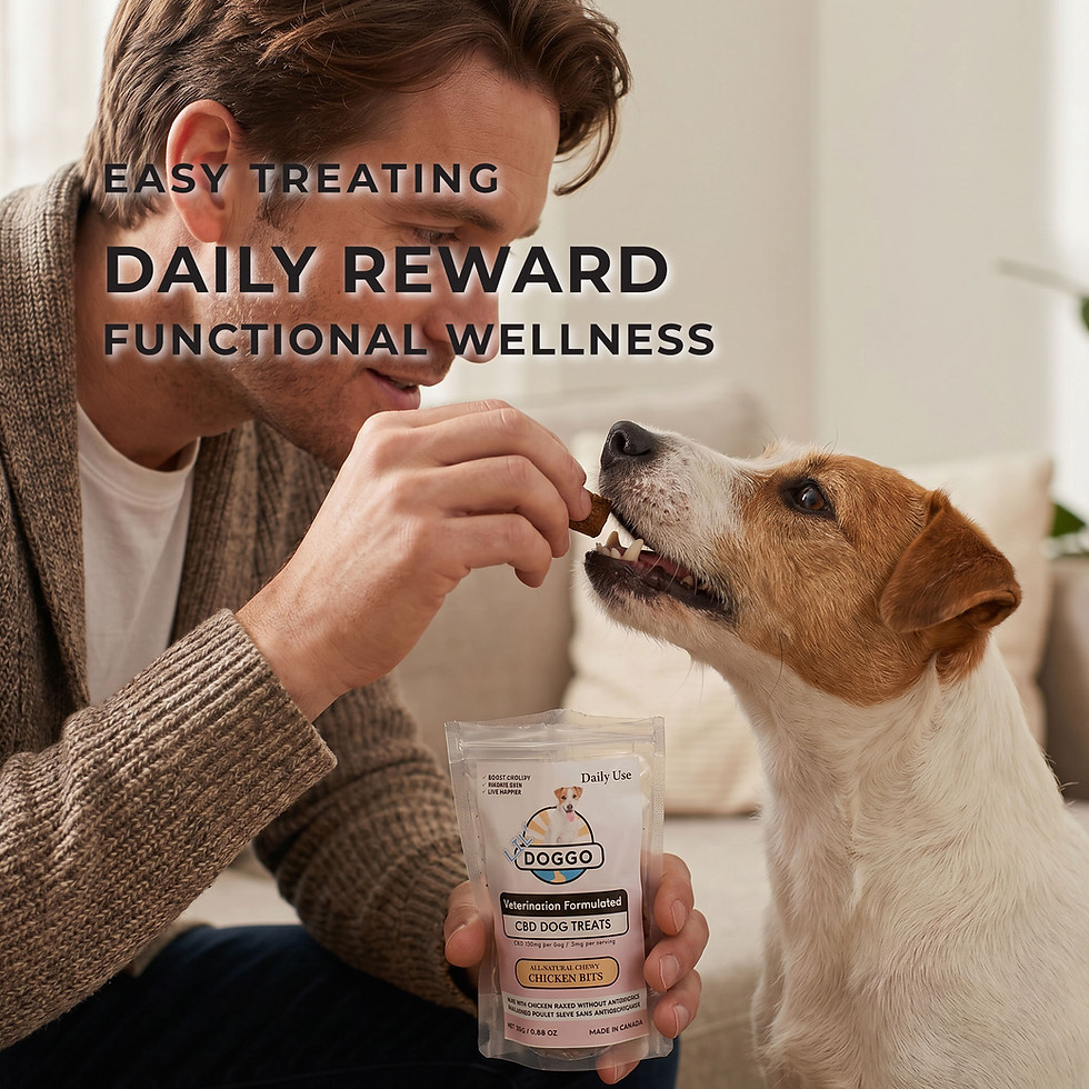 Dog owner giving a Doggo CBD Dog Treat to a happy dog with overlay text reading “Easy Treating,” “Daily Reward,” and “Functio