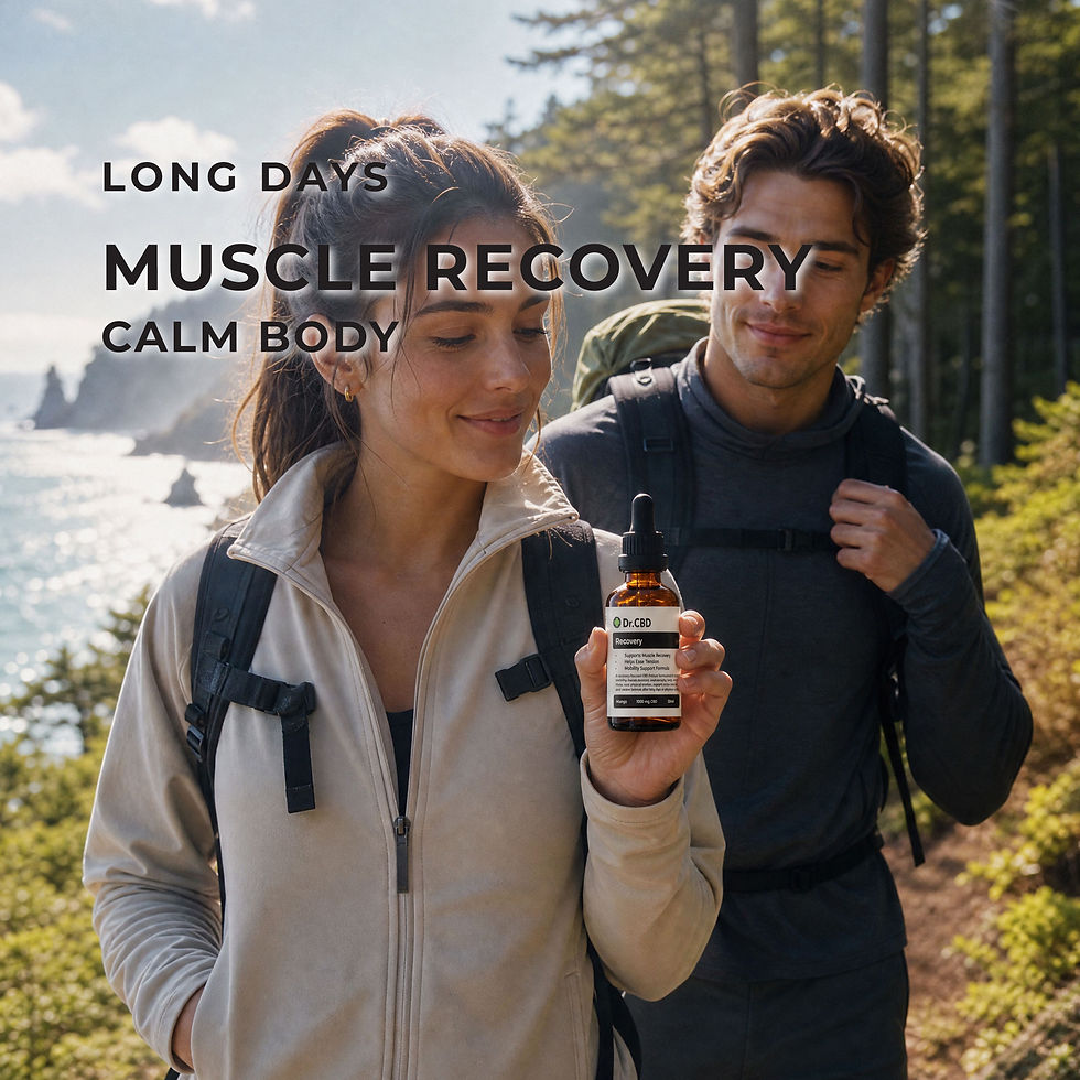 Two hikers outdoors using Dr. CBD Recovery CBD oil during a forest adventure with overlay text reading “Long Days,” “Muscle R
