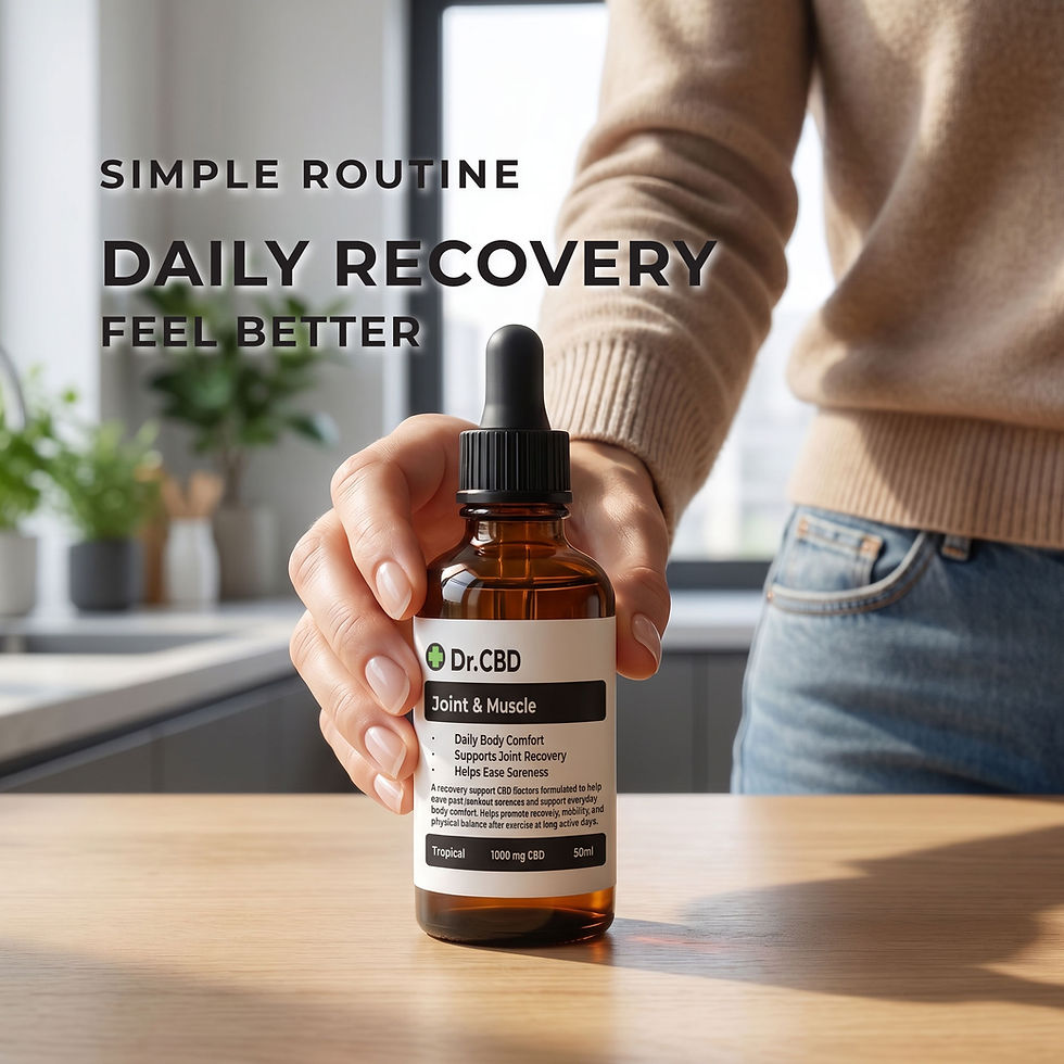 Thumbnail: Hand holding Dr. CBD Joint & Muscle CBD oil bottle in a modern kitchen with overlay text reading “Simple Routine,” “Daily Rec