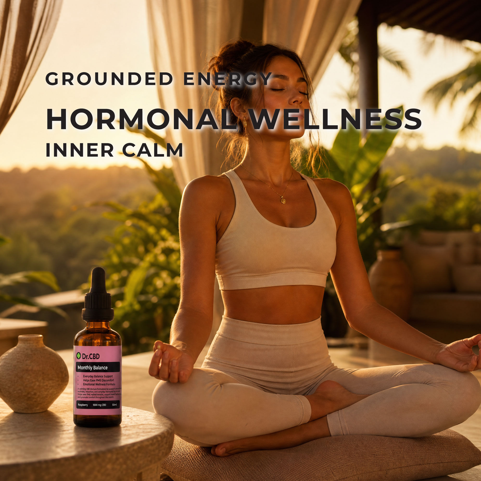 Woman meditating outdoors at sunset beside Dr. CBD Monthly Balance raspberry CBD tincture, promoting hormonal wellness, groun