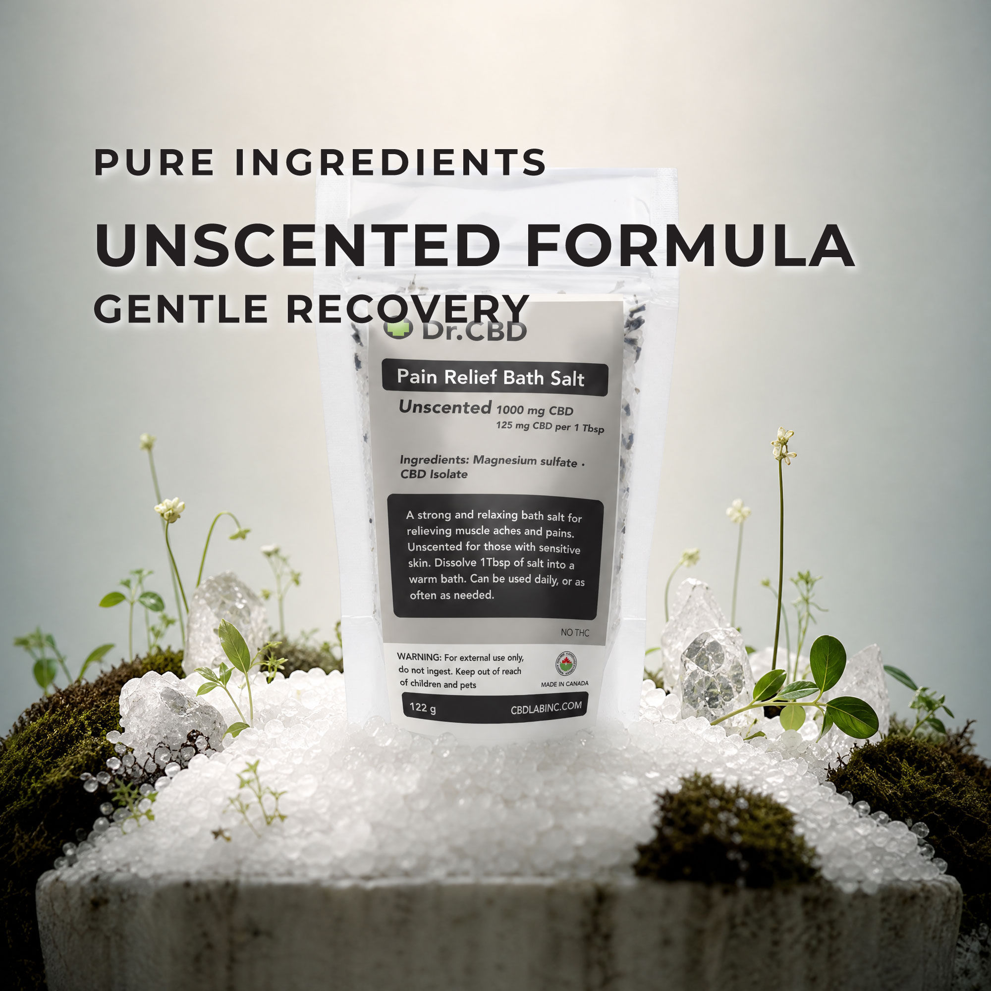 Unscented CBD Bath Salts β Fragrance-Free Mineral Soak 122g