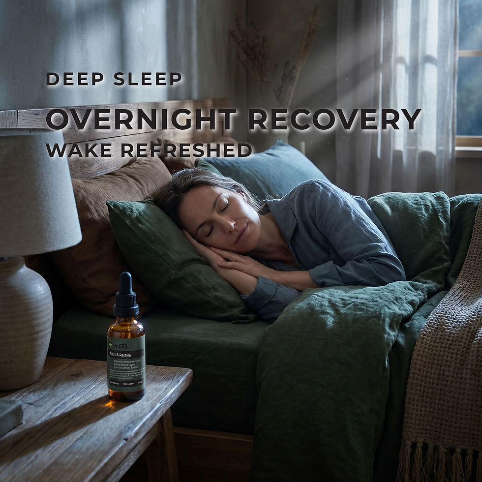 Thumbnail: Woman peacefully sleeping in bed beside Dr. CBD Rest & Restore tincture with overlay text reading “Deep Sleep,” “Overnight Re