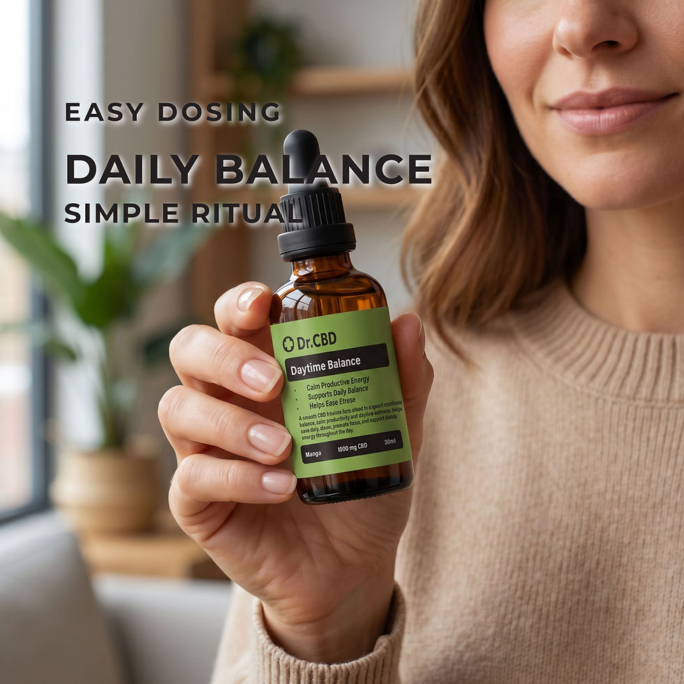 Thumbnail: Close-up of a woman holding Dr. CBD Daytime Balance CBD tincture with overlay text reading “Easy Dosing,” “Daily Balance,” an